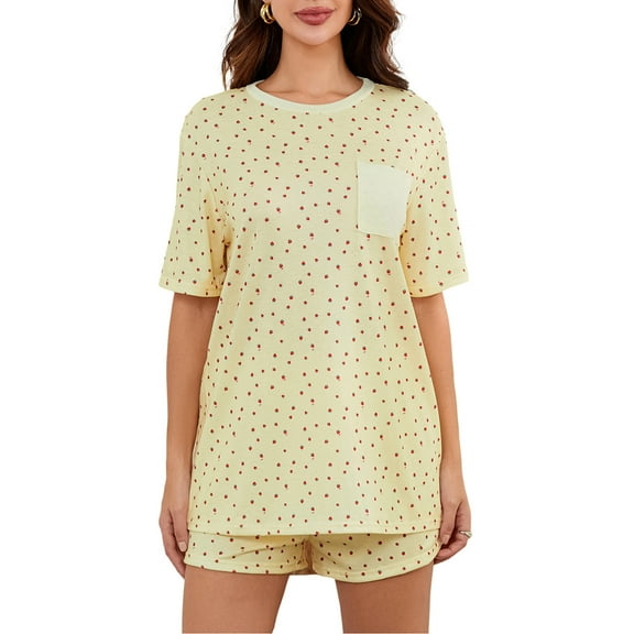 Elippeo Women's 2 Piece Lounge Set Short Sleeve Crewneck Floral Tops Drawstring Shorts Sleepwear Sets