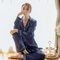 thumbnail image 4 of Maynos Women's Sexy Korean Style Striped Lapels Button Silk Satin Home Service Long Sleeve Solid Color Two-piece Pajamas Suit, M-5XL Dark Blue, 4 of 7