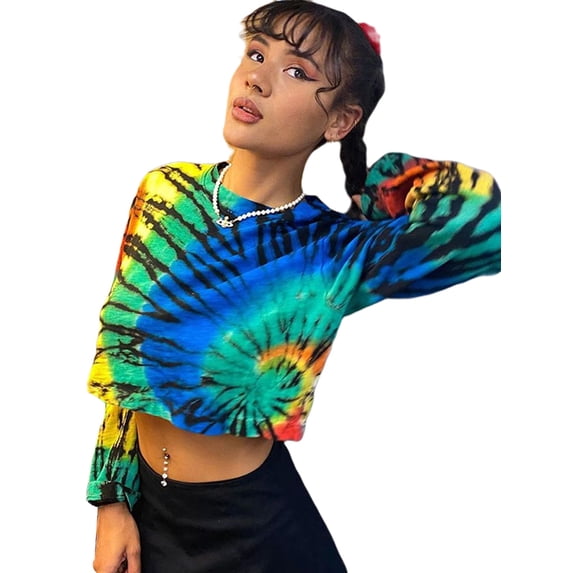 Seyurigaoka Women's Tie-dyed Crop T-shirt, Long Sleeve Round Neck Short Top