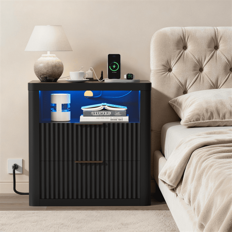 Homall Nightstand with Charging Station & LED Lights, Heavy-Duty Modern End Table with 2 Drawers, Bedside Table for Bedroom, Living Room, Black