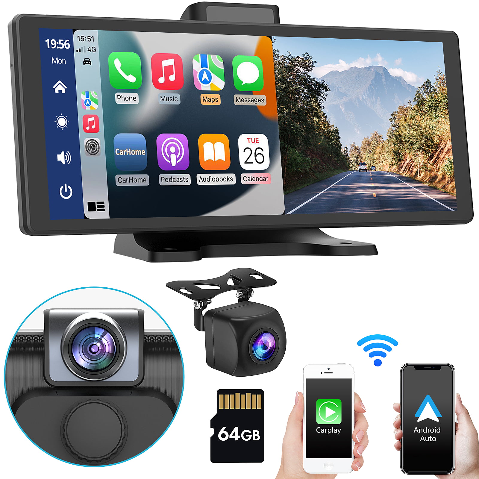 Portable Car Stereo with Wireless Carplay, Android Auto, Dash Cam