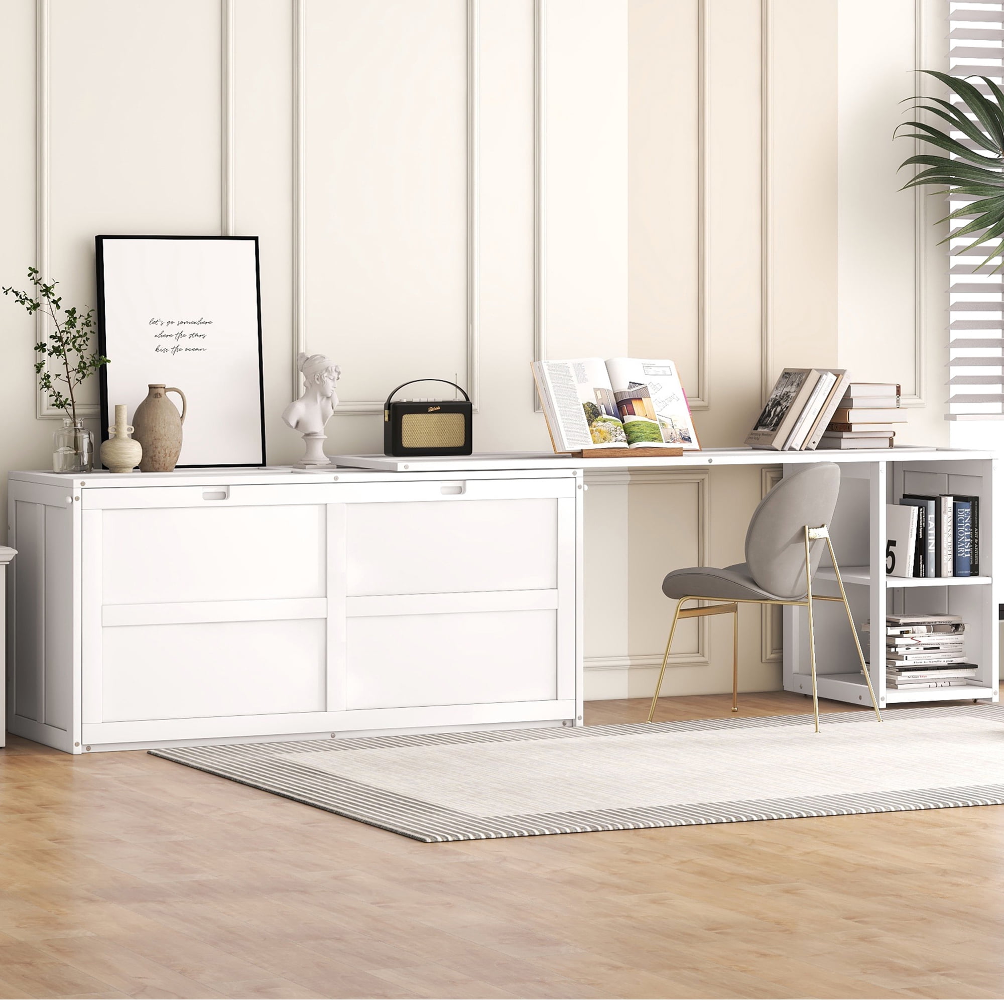 Bellemave Murphy Bed Queen Size, Murphy Cabinet Bed with Rotable Desk and Shelves, Easy Fold Wood Murphy Floor Bed for Guest Room Home Office（White)