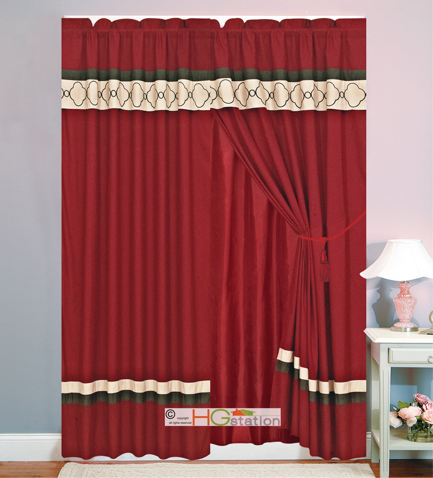 4 Pc Embroidered Casablanca Trellis Moroccan Striped Curtain Set Burgundy Red Brown Tan Drape Sheer Liner Valance Walmartcom Walmartcom