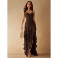 thumbnail image 3 of Brown Sweetheart Neck Ruffle Maxi Dress With High Slit For Evening Party, 3 of 30