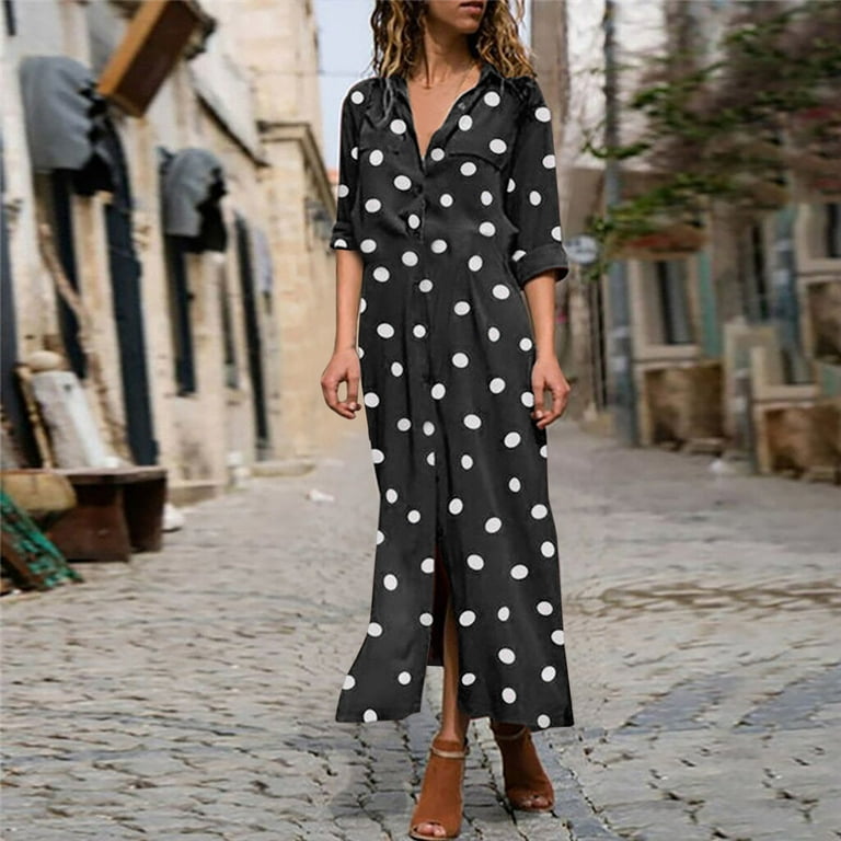 VKEKIEO Maxi Dress For Women Shirt Dress V-Neck Long Sleeve Printed Beige  XL 
