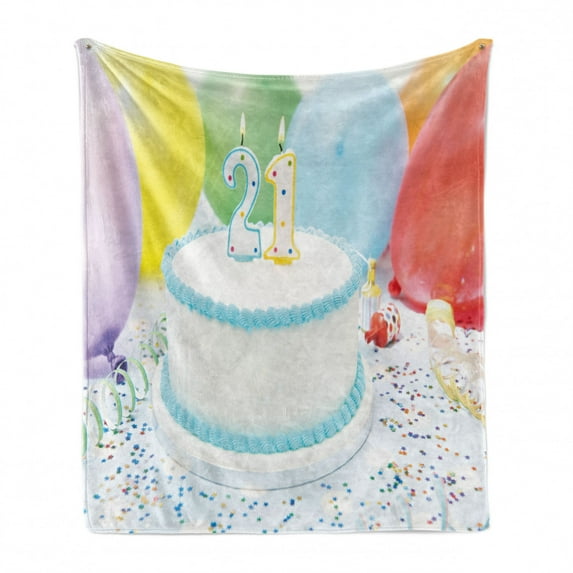21st Birthday Soft Flannel Fleece Throw Blanket, Legal Age of USA 21 Party Cake with Colorful Balloons Image Print, Cozy Plush for Indoor and Outdoor Use, 50" x 60", White and Pale Blue, by Ambesonne