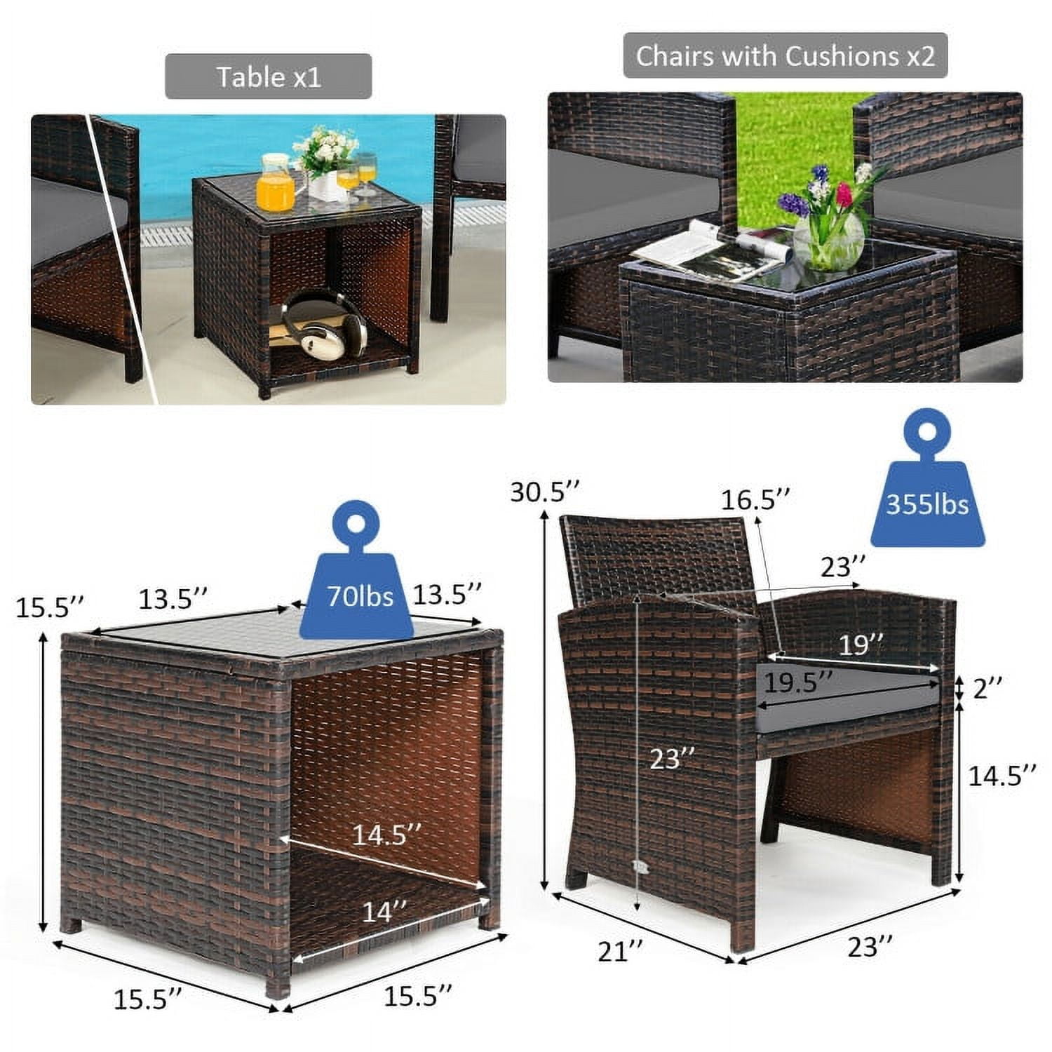 Aimee Lii 3 Pieces Patio Cushioned Wicker Conversation Set, Outdoor Sectional Set with with Glass Coffee Table, Gray Aimee Lii 3 Pieces Patio Cushioned Wicker Conversation Set, Outdoor Sectional Set with with Glass Coffee Table, Gray