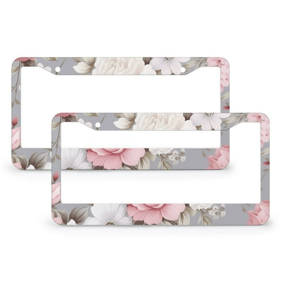 2 Pcs Set Pink Rose Flowers Leaf Shabby Chic Beige Pink License Plate Frames Flower Floral Leaf Buds Funny License Plates Aluminum Metal 2 Holes Car Accessories US Canada Standard