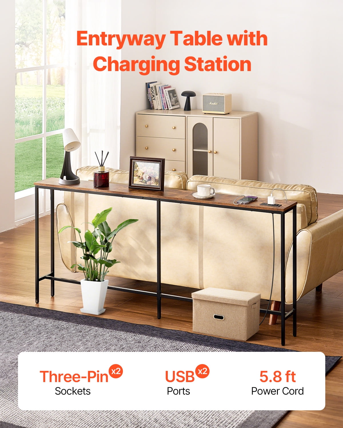 VEVOR Narrow Console Table, 70.9" Behind Couch Table with Power Outlets, 1-Tier Long Entryway Table, Narrow Sofa Table with Metal Frame and Charge Station, for Entryway, Hallway, Living Room