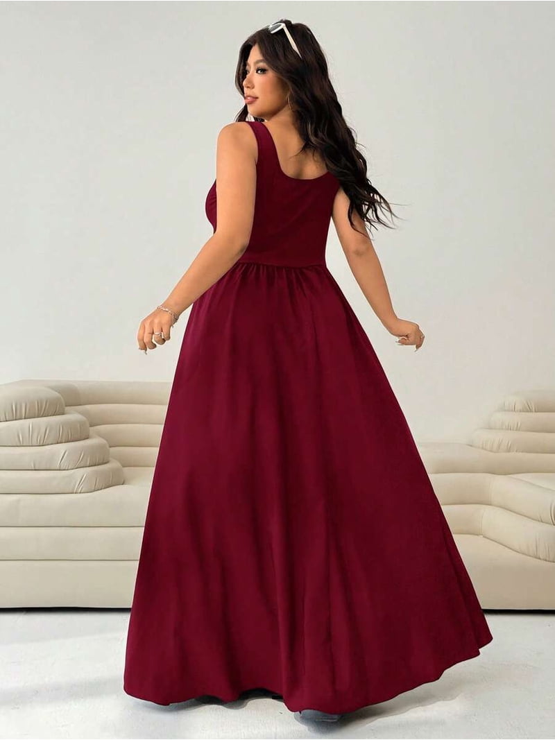 burgundy plus size maxi dress /// Burgundy Plus Size Sleeveless Square Neck A-Line Maxi Dress For Women Summer Long Dress, Women's, Size: 2XL, Red