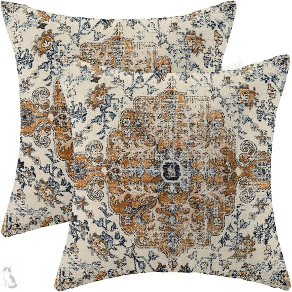 Aaekzj Boho Pillow Covers 18x18 Set of 2 Blue Gold Carpet Pattern Decorative Throw Pillow Covers Linen Ethnic Design Farmhouse Cushion Pillow Covers for Sofa Couch Outdoor Decor