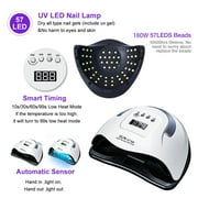 Tcwhniev 180W UV LED Light Lamp Nail Dryer for Gel Polish 57 Beads Fast Curing Portable Nail Dryer for Fingernail Nail Lamp & Toenail Gels Polish,4 Timers