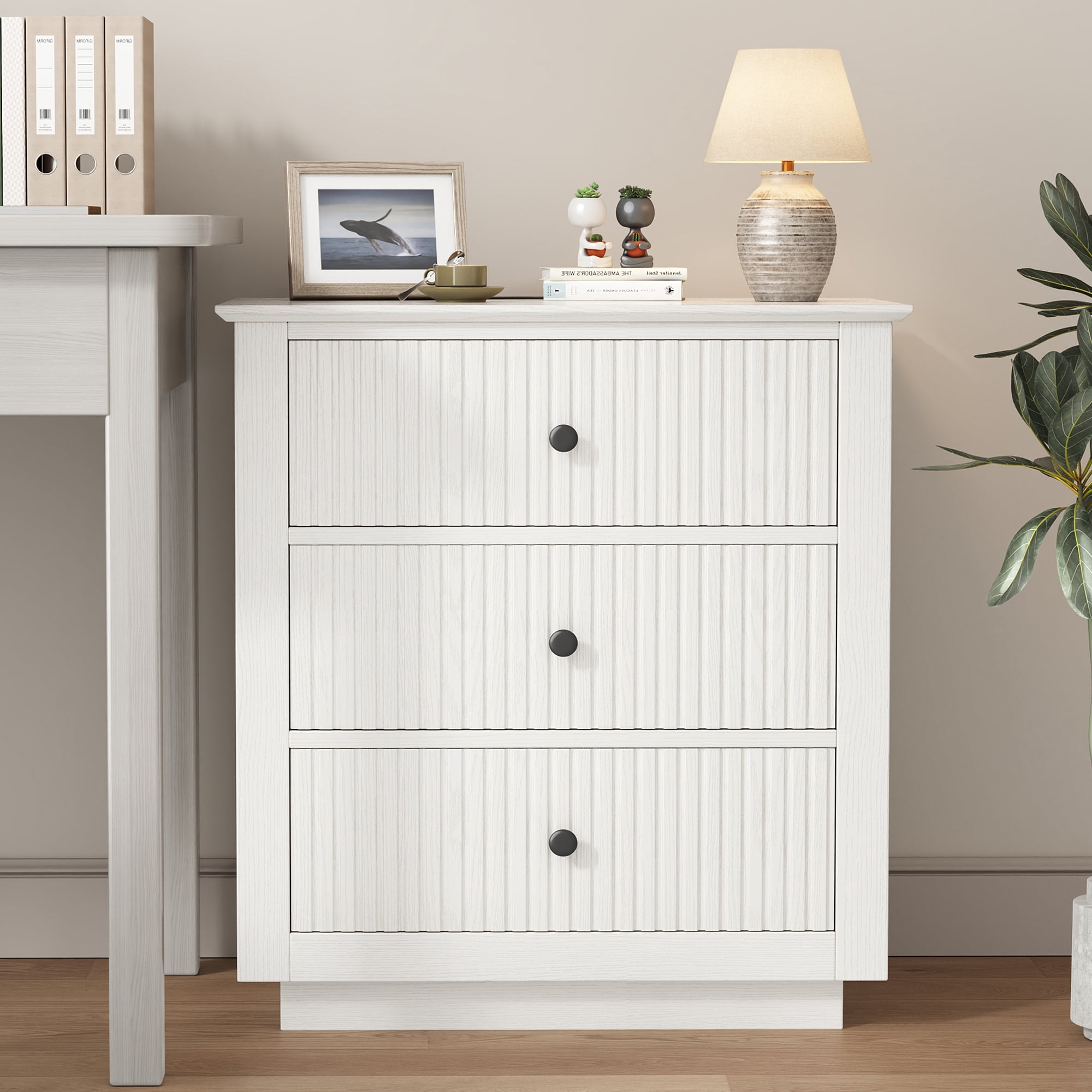 IDEALSOUL Nightstand, 24" Wide End Table with Storage, Fluted Nightstand with USB Charging Station, Large 3 Drawers nightstand for Bedroom Living Room(1pc, White)