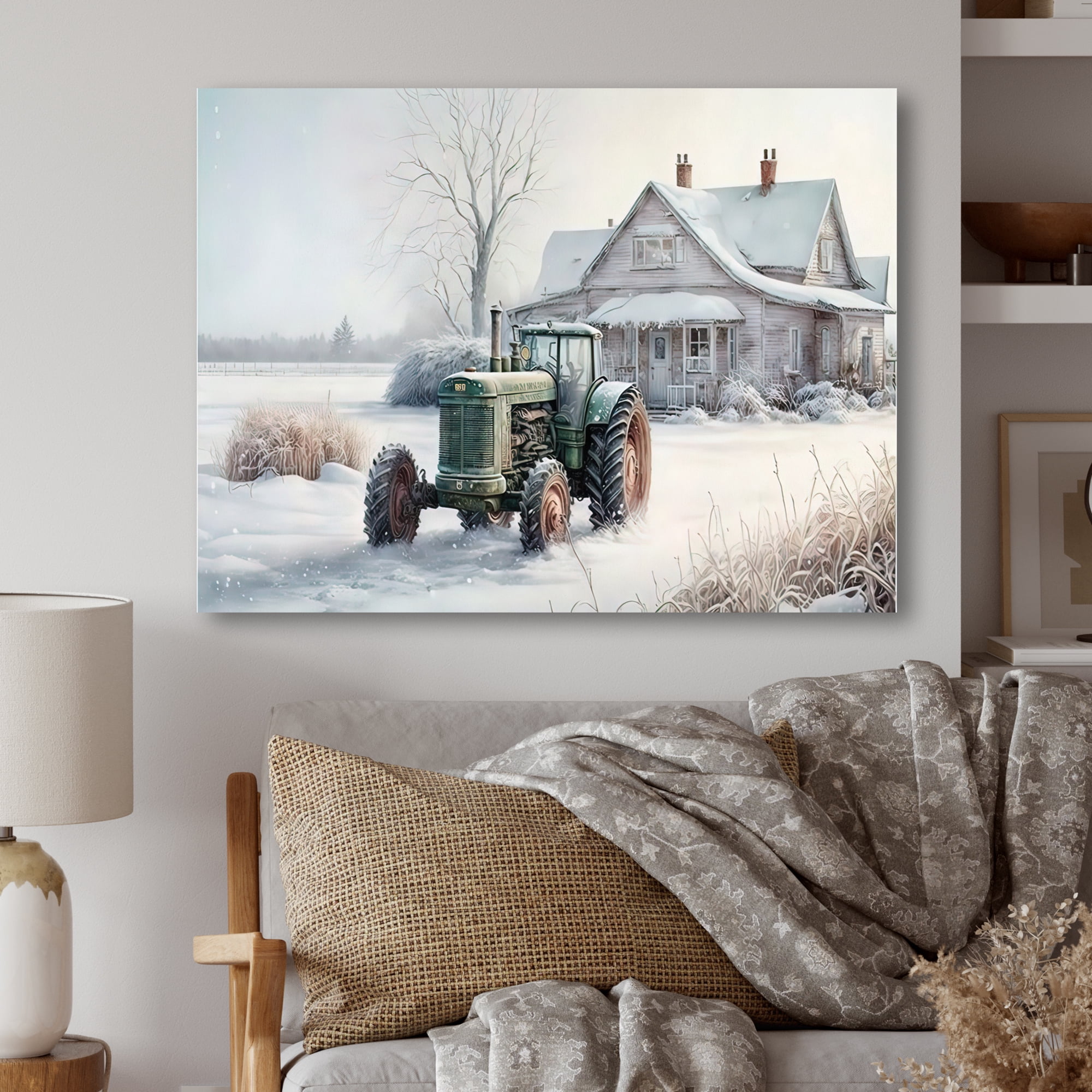 Designart Tractor At The Barn In Winter II Canvas Wall Art