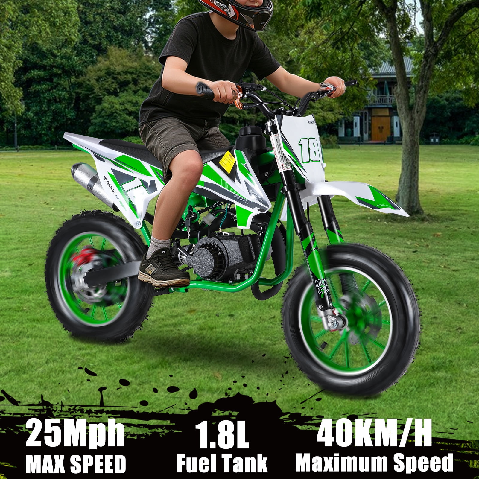 Bremoi 49cc Mini Dirt Bike 2-Stroke Kids Gas Bike with Off-Road Tires Shock Absorption Springs Soft Seat Cushion Max Load 330Lbs Pull Start Cooperate Disc Brakes and Up to 25mph  Green