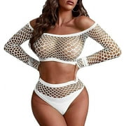 TEM Lengery. sexy set exotic Women Fishnet BabyDoll Mesh Bodysuit Nightwear Strapless Slip Dress Kinky White