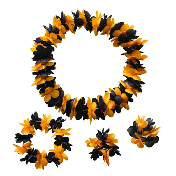 EeaseMX 4 guirnaldas hawaianas gruesas de flores artificiales, diadema, collar, pulsera, fiesta tropical en la playa, disfraz (naranja y negro)