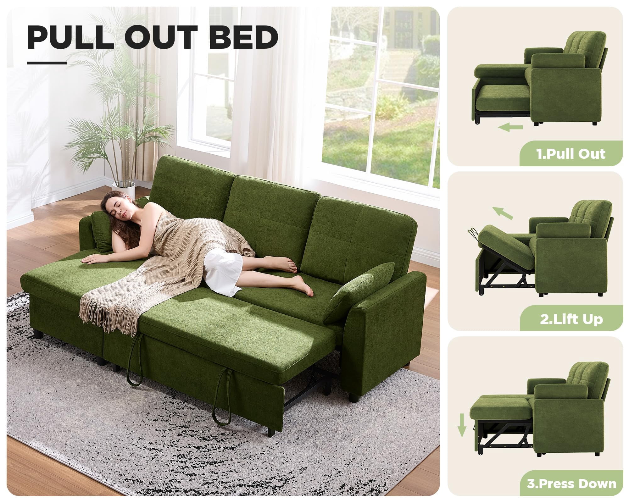Merluxy 83.5'' Sectiona Sofa Bed with Storage - Green Sleeper Couch for Living Room, Linen