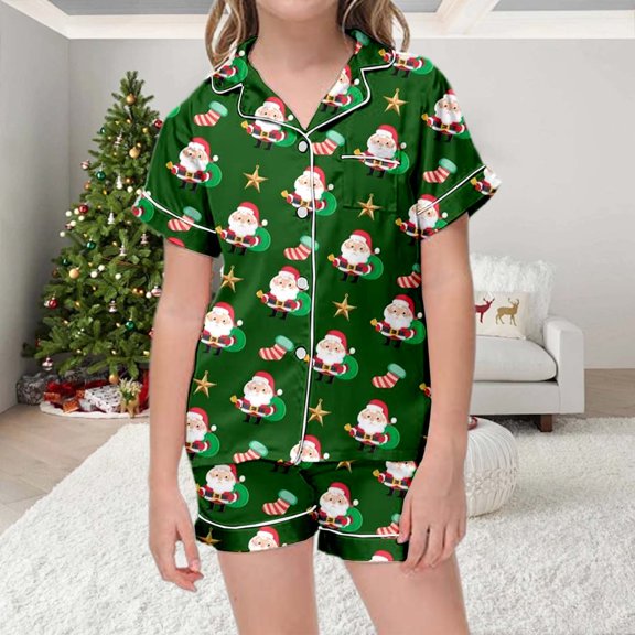 Tfken Kids Christmas Pajamas Girls Santa Claus Graphic Print Sleepwear Summer Fall Casual Button Down Short Sleeve Top Shorts 2 Piece Festival Party Pjs Set,Size 2-13 Years Blue