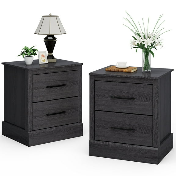 Gymax Set of 2 Drawer Nightstand Bedside Table Compact Sofa End Table Oak Dark Grey