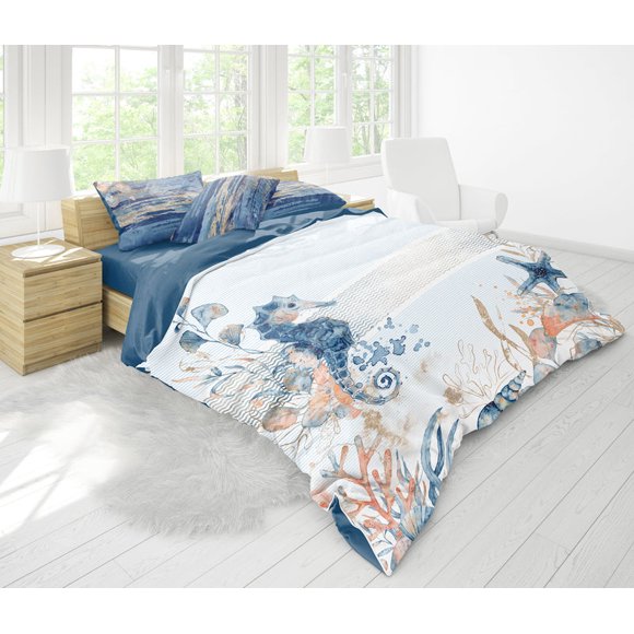 3 Piece Coast Style Sea Bedding Set With Reversible Design • Cotton O