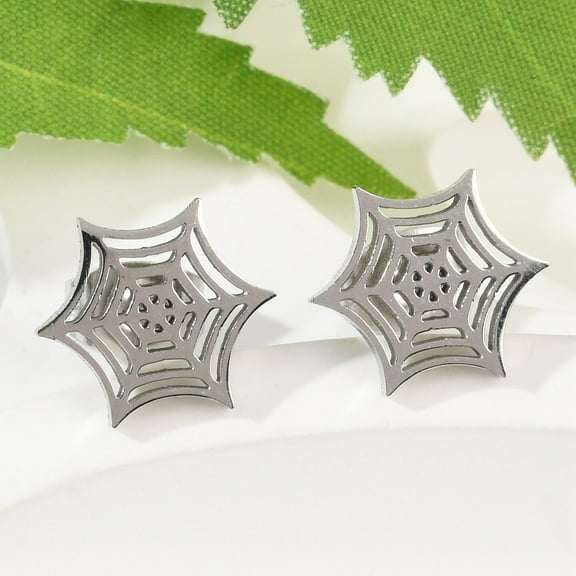 Non-Tarnish 304 Stainless Steel Spider Web Stud Earrings Halloween Jewelry for Women Stainless Steel Color 11x9.5mm Pin: 0.8mm