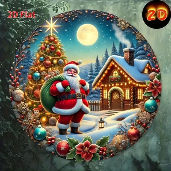 "Merry Christmas" Sign - Santa Wreath Design,  Circular Metal Tin Plaque | Front Door Decor & Handcrafted Wall Hanging