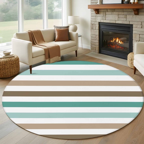 Round Area Rug 6 Ft, Teal Brown Washable Non-Slip Circle Carpet for Living Room/Bedroom, Farmhouse Watercolor Modern Geometric Low-Profile Indoor Mats Collection Rugs for Residential