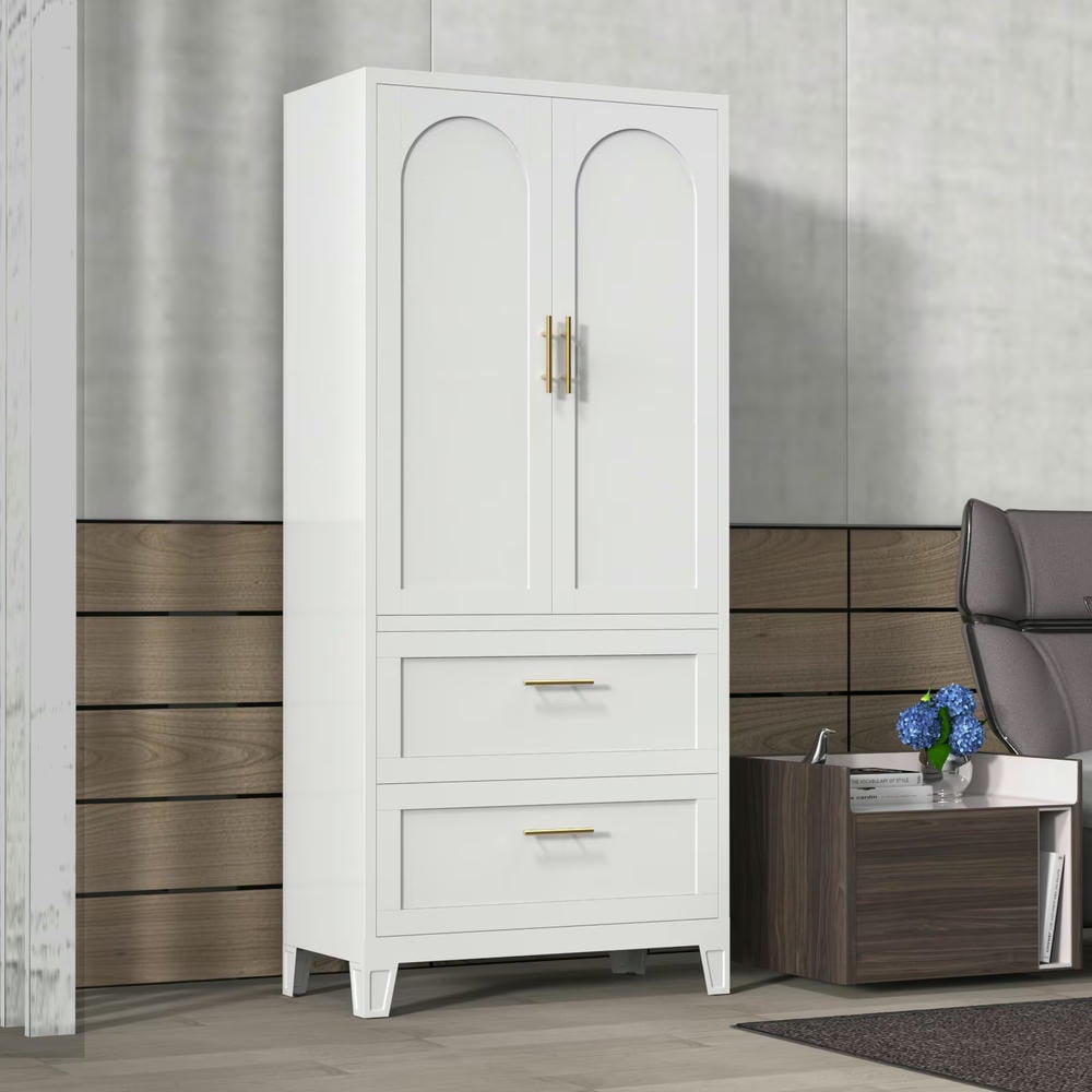 Kadyn 2 Door Armoire Wardrobe Closet with 2 Drawers, 70" Large Wardrobe Armoire with Gold Handle, Modern Wooden Armoire Storage with Hanging Rod for Bedroom, White Kadyn 2 Door Armoire Wardrobe Closet with 2 Drawers, 70" Large Wardrobe Armoire with Gold Handle, Modern Wooden Armoire Storage with Hanging Rod for Bedroom, White