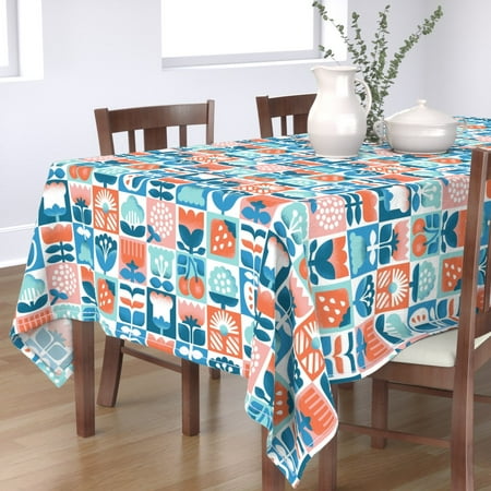 

Cotton Sateen Tablecloth 70 x 144 - Floral Chess Vintage Retro Flowers Blue Coral Cherries Print Custom Table Linens by Spoonflower