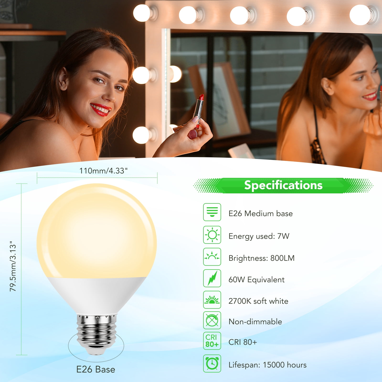 BUBO Vanity Light Bulbs, 60 Watt Equivalent, Bathroom Light Bulbs Soft White 2700K, G25 Round Bulbs, 800 Lumens, E26 Medium Base, 7W, Non-Dimmable, 12 Pack