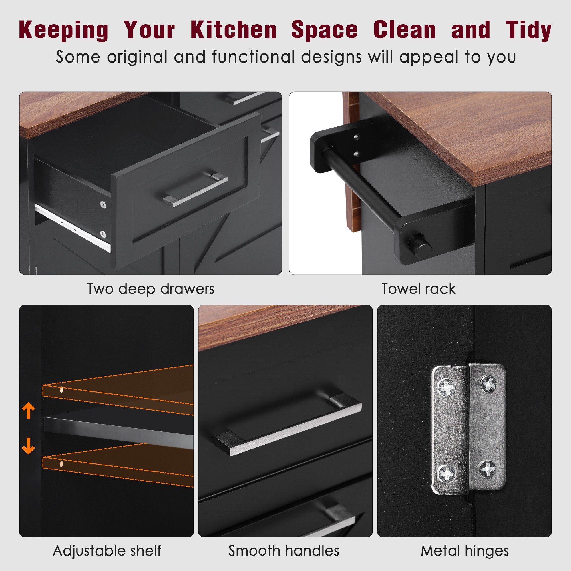 AENKYO 47.2" Farmhouse Kitchen Island with Removable Side Shelf, Tilt-Out Trash Bin, Storage Cabinet & Drawers, Black