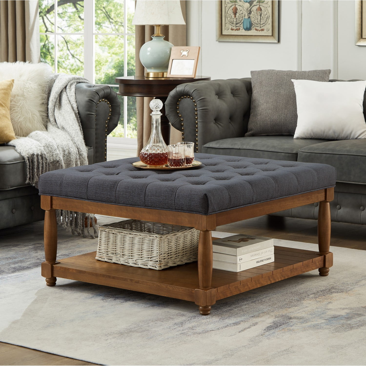 Large Square Tufted Linen Ottoman Coffee Table, Upholstered Footrest with Solid Wood Storage Shelf, Charcoal Living Room Center Table
