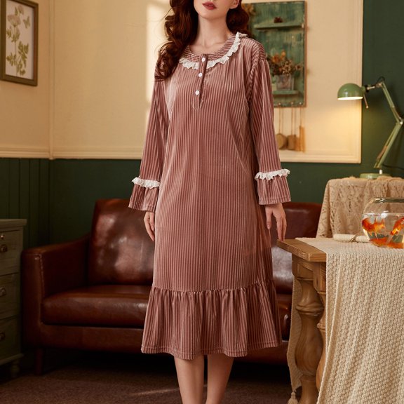 Tawop Ribbed Women's Nightgowns Medium Length Womens Loungewear Thick Warm Home Dress Nightdress(Rose Gold,L)