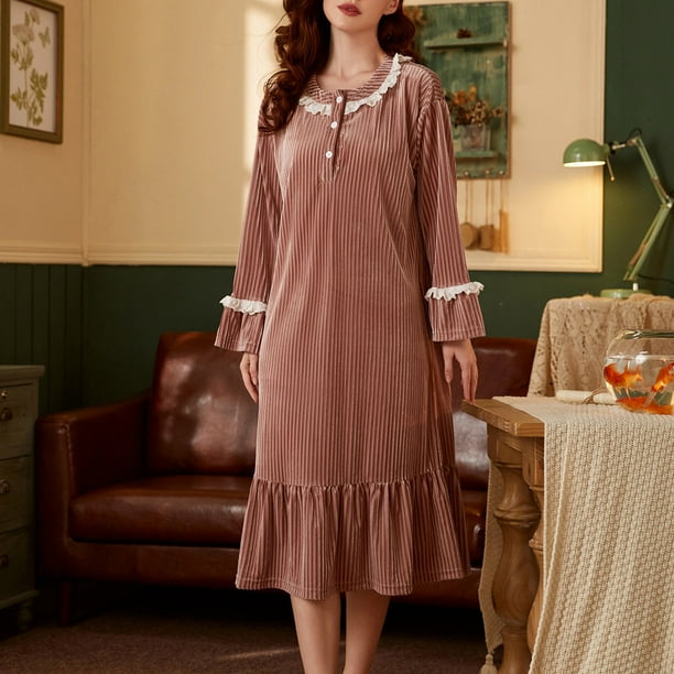 Camisón largo de terciopelo dorado para mujer, otoño/invierno, manga larga, largo medio, grueso y cálido, para dormir en casa.