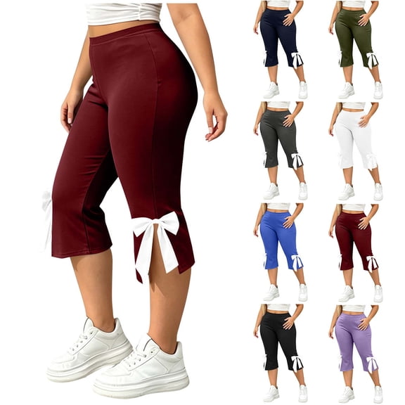 OVAFBAU Women's Capris Pants Yoga Workout Leggings Plus Size Casual Yoga Athletic Stretchy Bow Slit Ankle Capris Leggings
