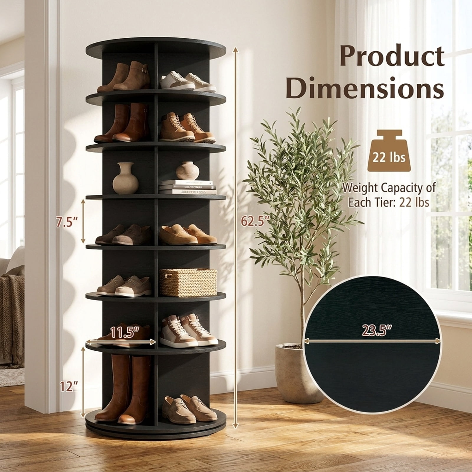 Furnibear 7 Tier Rotating Shoe Rack Tower Freestanding Spinning Shoe Organizer for Entryway Closet and Bedroom Corners, Black