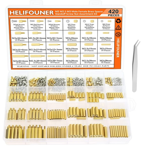 Helifouner 420 Pieces M2 M2.5 M3 Male Female Hex Brass Spacers Standoffs Screws Nuts Assortment Kit With A Tweezers