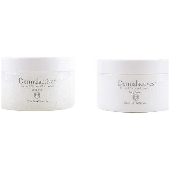 Dermalactives Replenishing, Nourishing & Exfoliating Body Scrub and Body Butter Set For a Smooth, Soft and Healthy Body Care Experience (White Tea  Water Lily BOTH)