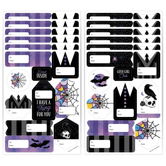 Big Dot of Happiness Goth Girl Assorted Halloween or Gothic Birthday Party Gift Tag Labels, To and From Stickers - 12 Sheets - 120 Stickers