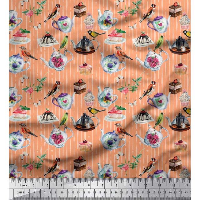 Soimoi Moss Georgette Fabric Bird,Tea Kettle & Cupcake Food Print Sewing Fabric Yard 42 Inch Wide