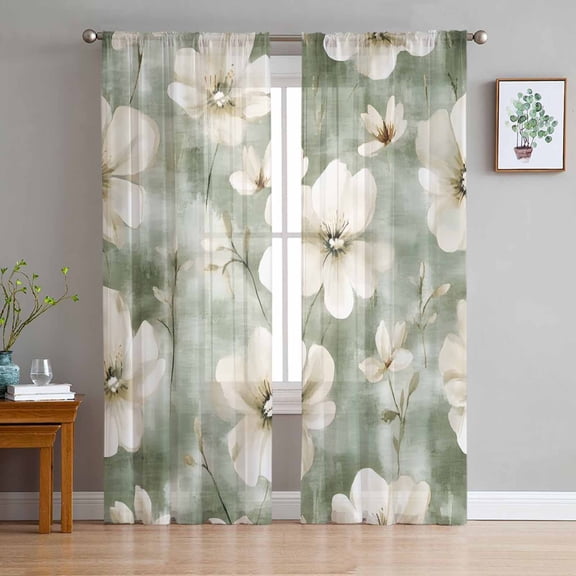 Spring Floral Sheer Curtains 96 Inch Length 2 Panels Set for Living Room/Bedroom, Sage Green Summer Flowers Watercolor Semi Curtain Sheers Drapes Rod Pocket Curtains Window Treatment Set 52''x96''x2