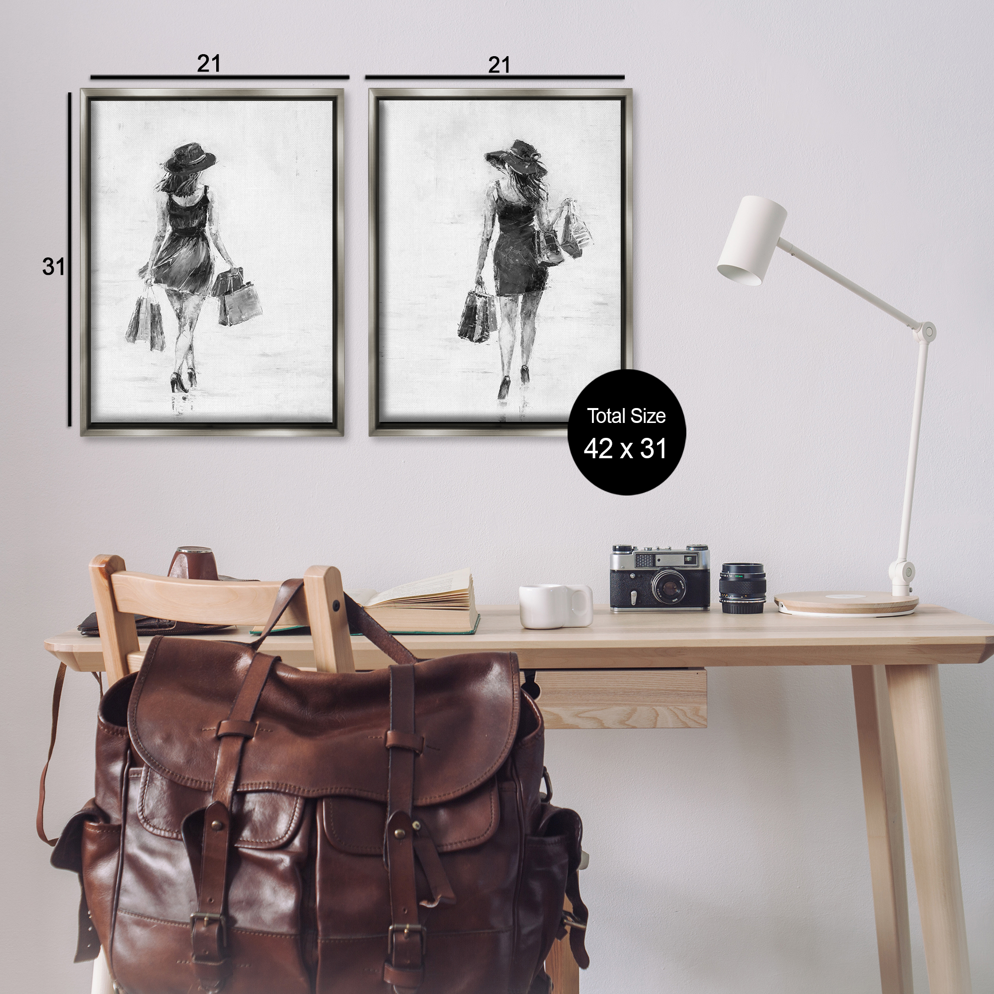 Stupell Industries Female Figures Shopping Bags People Painting Gray Floater Framed Canvas Art Print Wall Art, 21 x 31, Set of 2