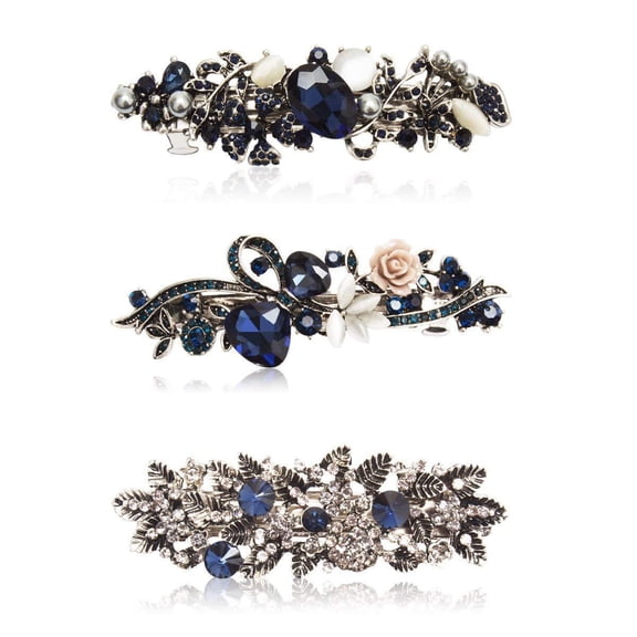 Kicosy Barrettes for Women Hair Barrettes for Women 3 Pack Vintage Shining Rhinestone Hair Barrettes Metal Flower Butterfly French Clip Faux Crystal Hair clip Spring Hair BarretteBlack and Navy Blue