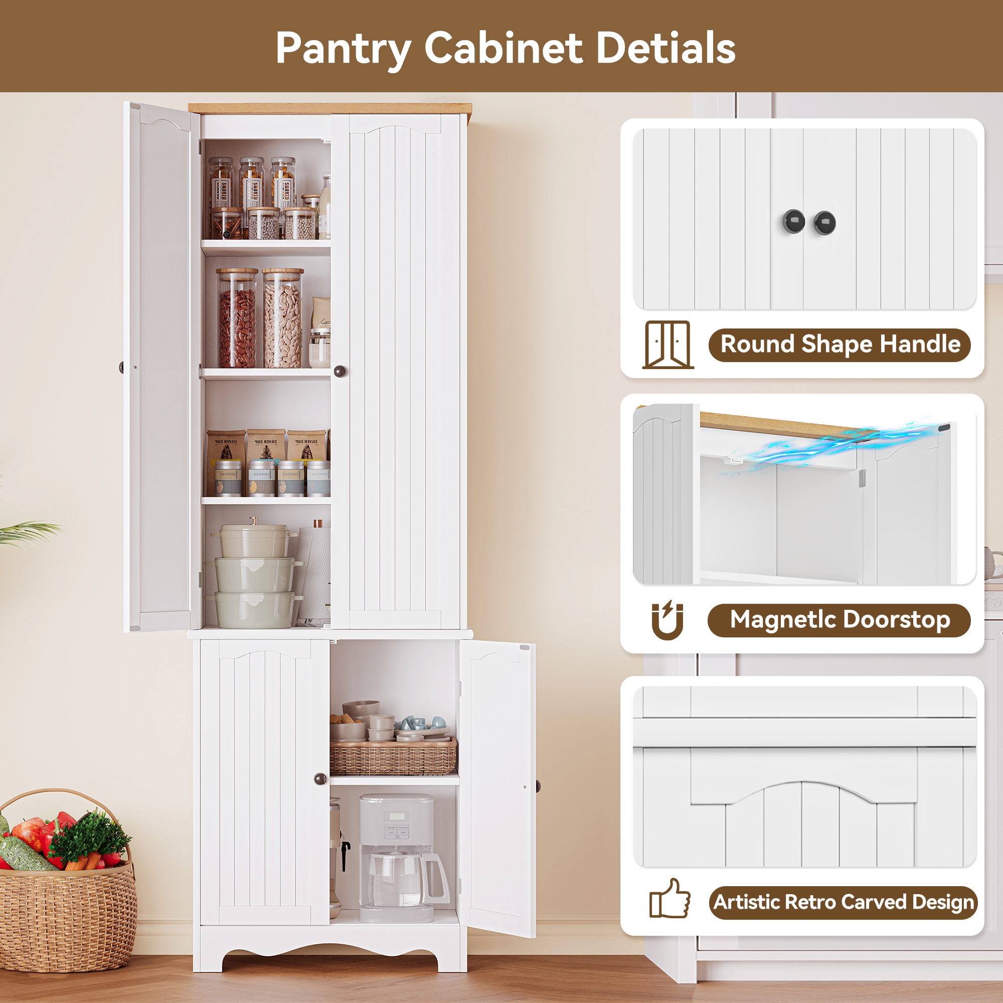 72" Kitchen Pantry Cabinet, Freestanding Storage Cabinets, Tall Food Pantry with Doors and Adjustable Shelves, Tall Storage Cabinets for Kitchen Dining Room Living Room, White
