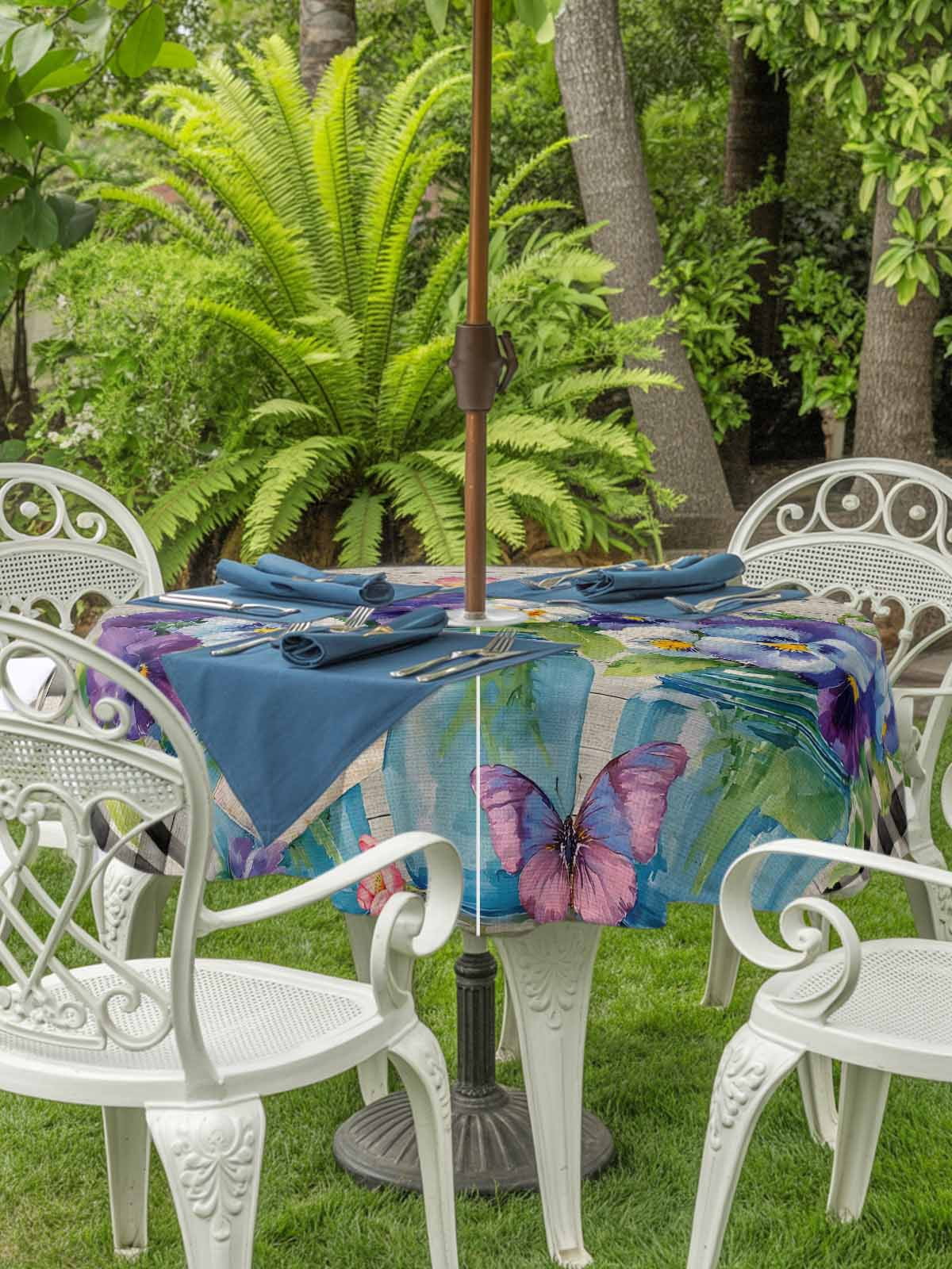 Hello Spring Outdoor Tablecloth - 54 Inch Round Dining Table Cover, Pastoral Purple Bottle Floral Wooden Plaid Waterproof Outdoor Table Cloth with Umbrella Hole & Zipper for Picnic/Patio/Party