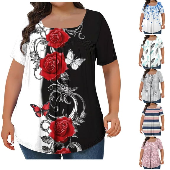 Feancey Pleated Front Tops for Women Plus Size Casual Floral Print T-Shirts Summer Short Sleeve Square Neck Loose Tunic Blouse Multicolor XL