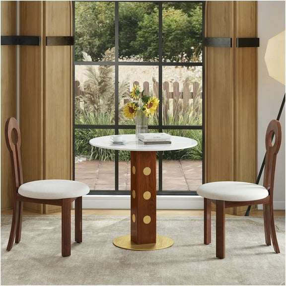 JERFIT Modern Round Dining Table for Small Space, 2-Person Kitchen Table with Sintered Stone Top & Gold Base, Walnut White Mid-Century Design