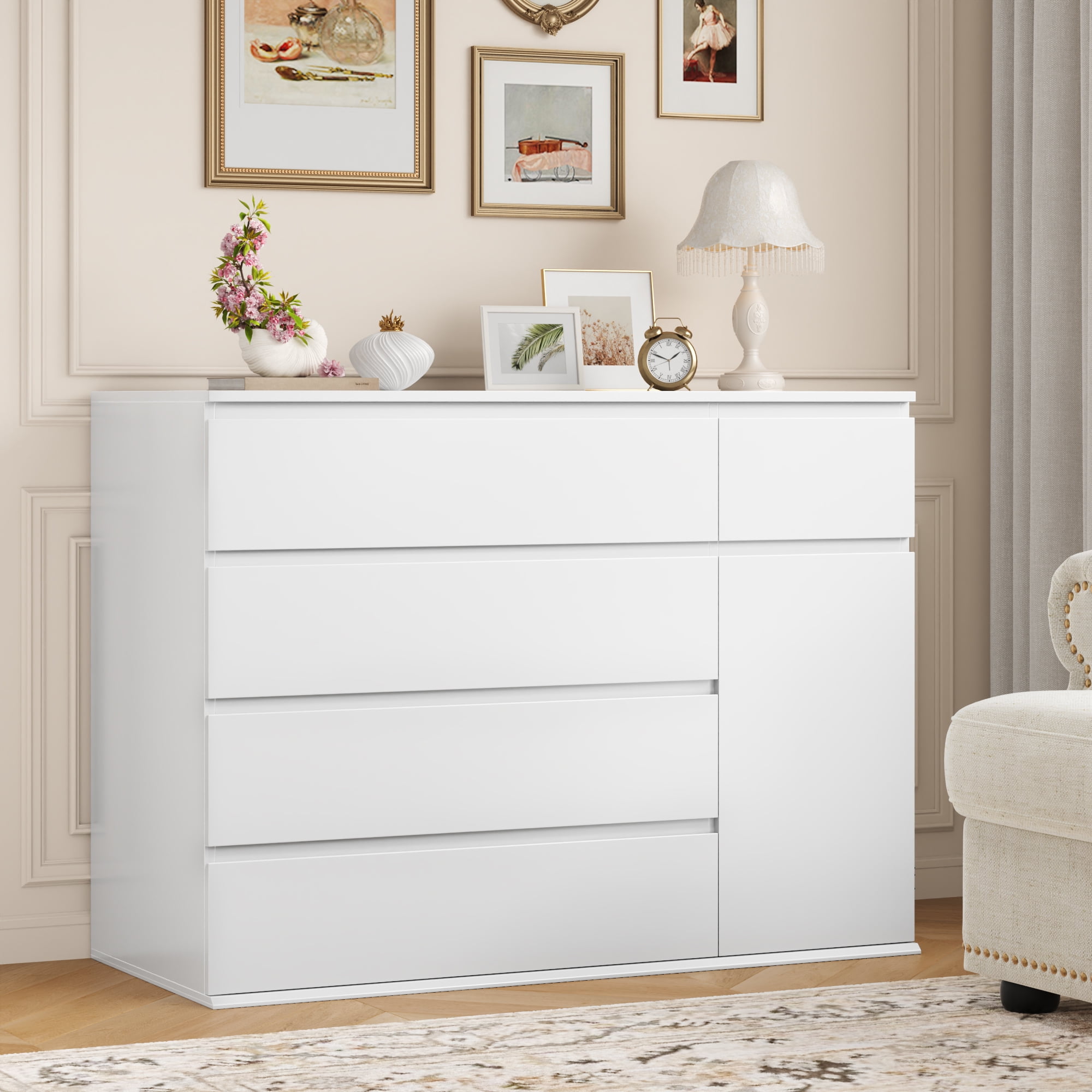 Homfa 5 Drawer White Dresser with Door Modern Accent Storage Cabinet Chests of Drawers for Bedroom Living Room