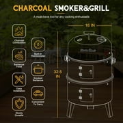 Master Cook Vertical 16 Steel Charcoal Smoker Grill, Heavy Duty 4 in 1 Fire Pit with built-in Thermometer & Adjustable Vent System Black